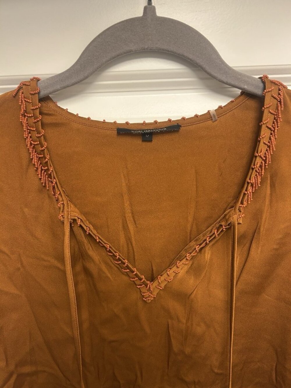 Kobi Halperin Shirt Medium Silk Stretch Beaded Peasant Blouse Burnt Orange Beads - Picture 2 of 16